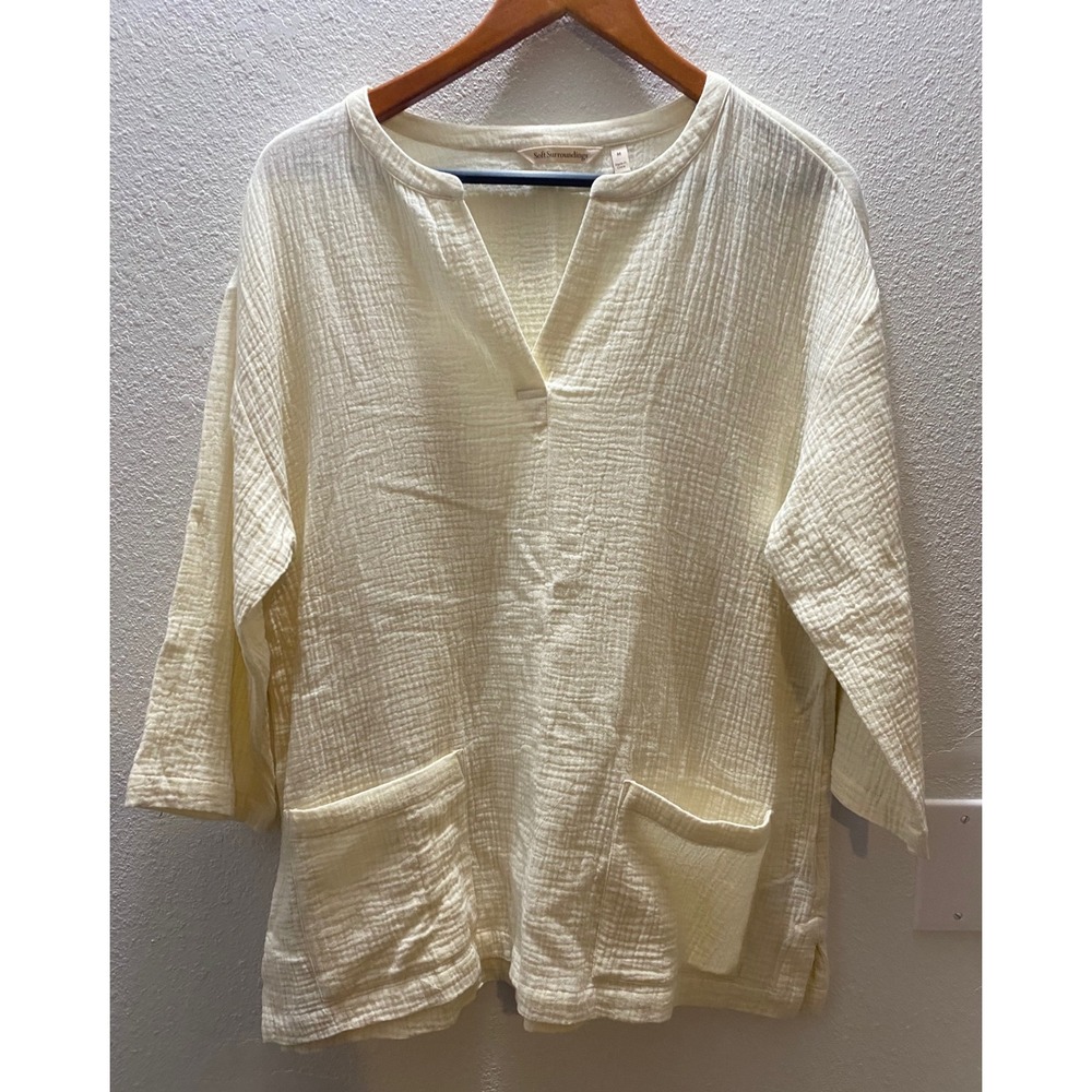 Soft Surroundings Gauze V Neck 3/4 Sleeve Cream Top Size M‎